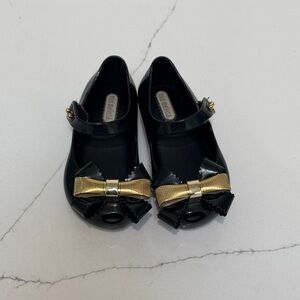 Mini Melissa Gold Bow Black Peep Toe Shoe